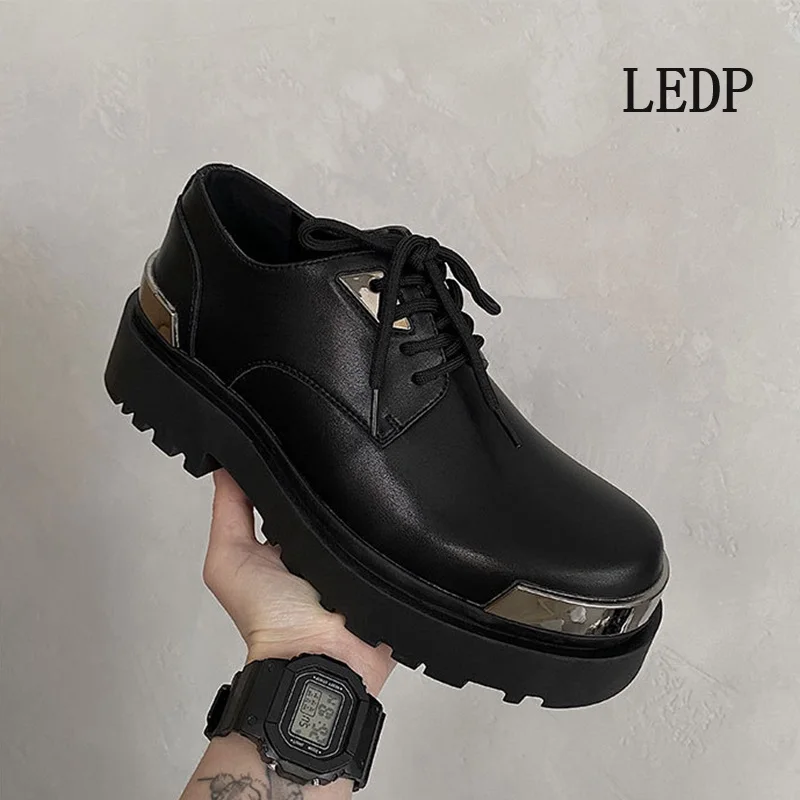 LEDP Brand Ins British Style Thick Sole All-in-one Men 2024 Autumn New Increase Derby Business Casual Shoes Metal Decoration