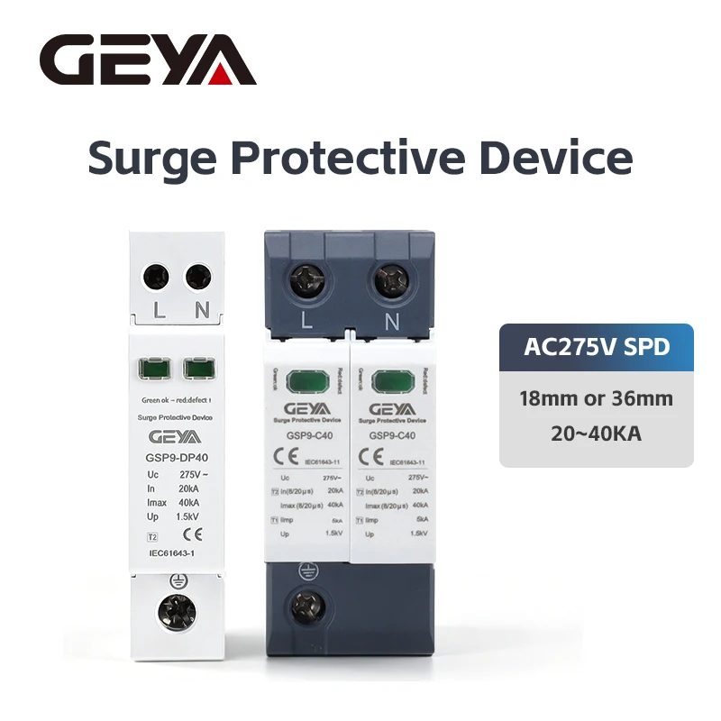 GEYA GSP9 1P+N 18mm SPD 20~40KA Überspannungsschutz Blitzschutz Niederspannungs-Ableitergerät AC275V SPD