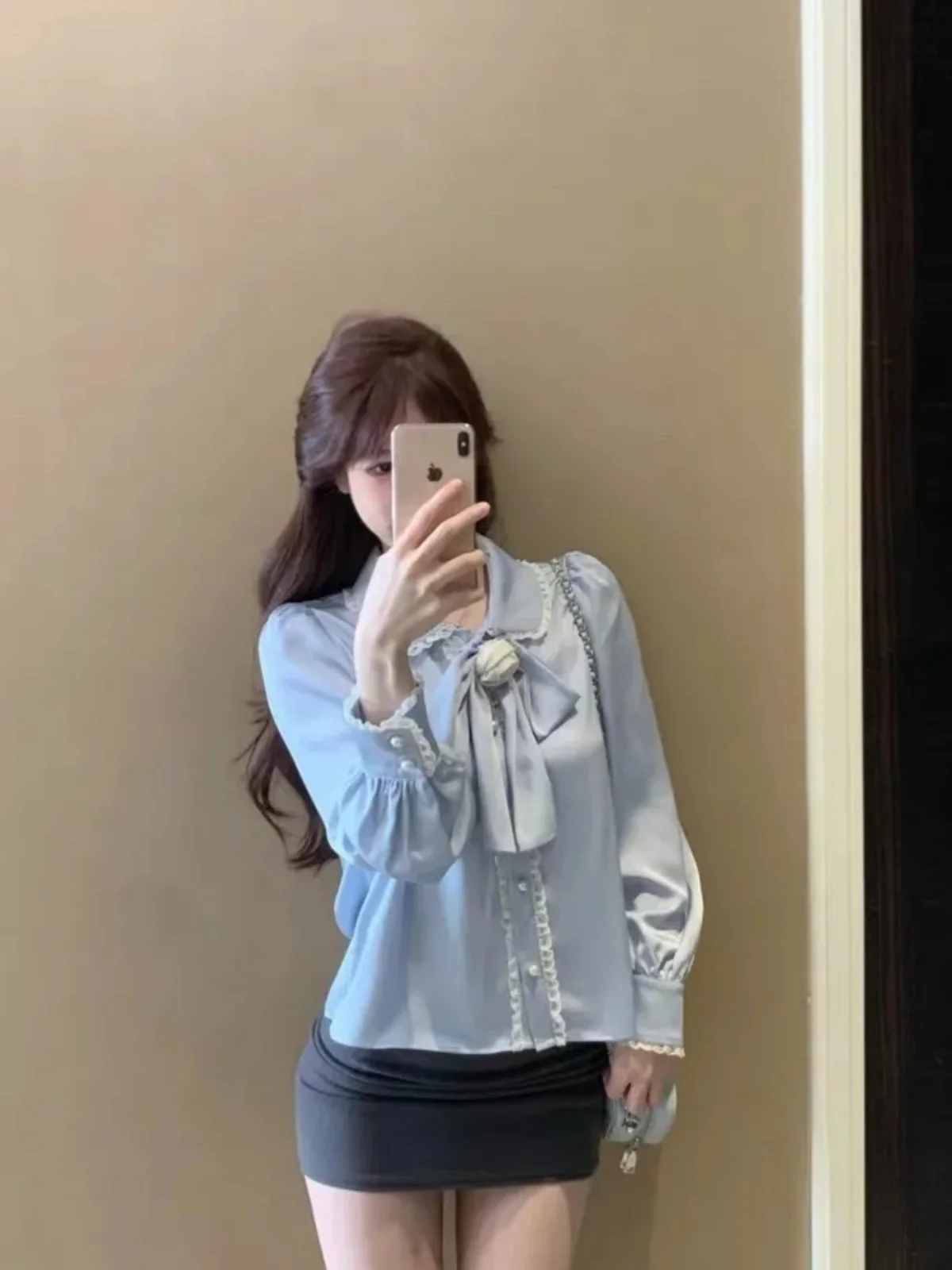 

Ele Blue Long Sve irt Женский свободный кружевной воротник с узлом и цветочным узором Осенний топ для поездок на работу