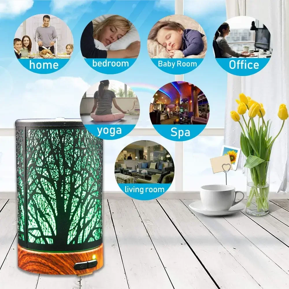 Metal Wood Aromatherapy Essential Oil Machine Ultrasonic Cool Mist 100ml 7 LED Lights  for Home Spa Air Humidifier Diffuser