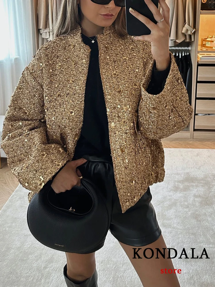 KONDALA Streetwear Golden Sequined Oversized Jackets Women Long Sleeve Zipper Thick Coats Fashion 2023 Autumn Winter Outwears