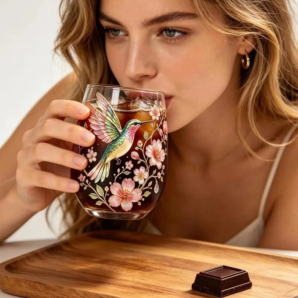 Transparent Hummingbird Joy Tea Cup Gold Rimmed Large Capacity Milk Decorative Tumbler Pastoral Style Enamel Floral Bird Design