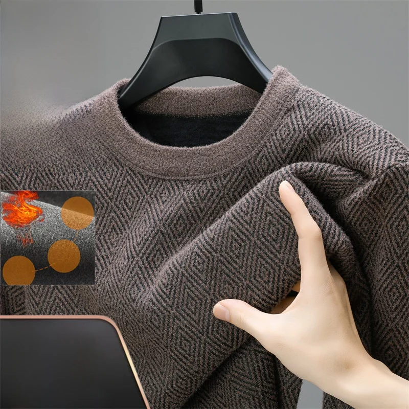 

Fce Lined Knitted Sweater round Ne Thiened Winter Faion Base irt Men's Camere Warm Knitwear Casual Sle Long Sl...