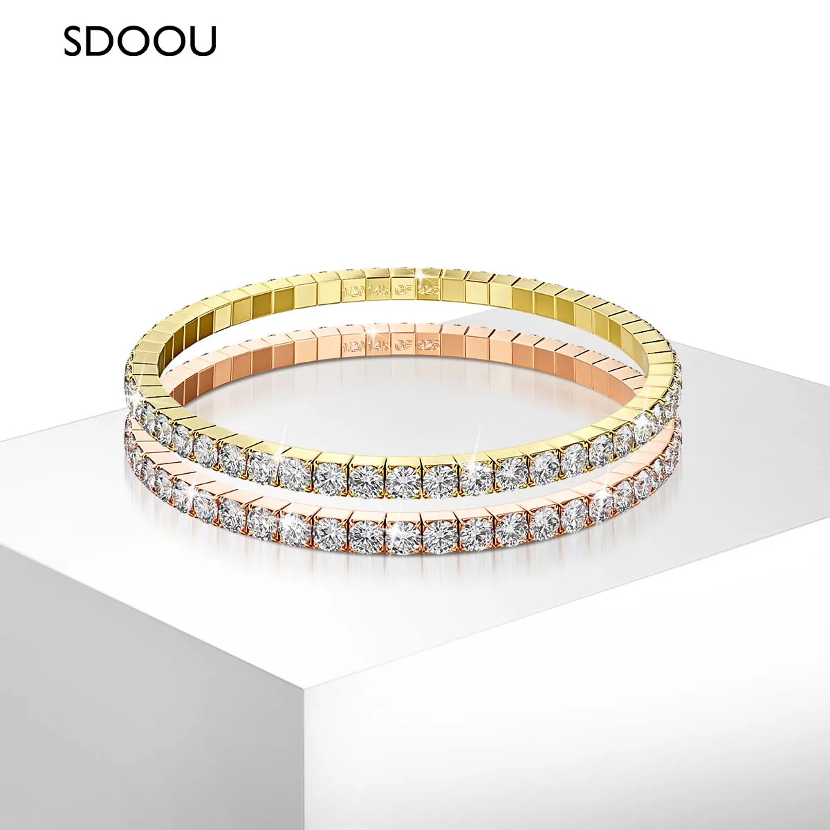 

﻿SDOOU Classic 14k Gold Filled Moissanite Stretch Rope Tennis Bracelet 2.5mm 3mm Round Cut For Women Engagement Jewelry Gifts