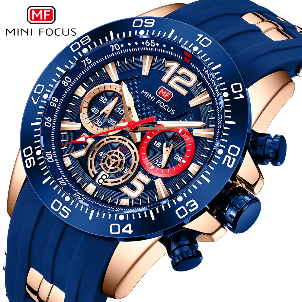 

MINI FOCUS Sports Waterproof Watches Fashion Date Display Luxury Brand Quartz Watch for Men Blue Silicone Strap Male Clock 0290G