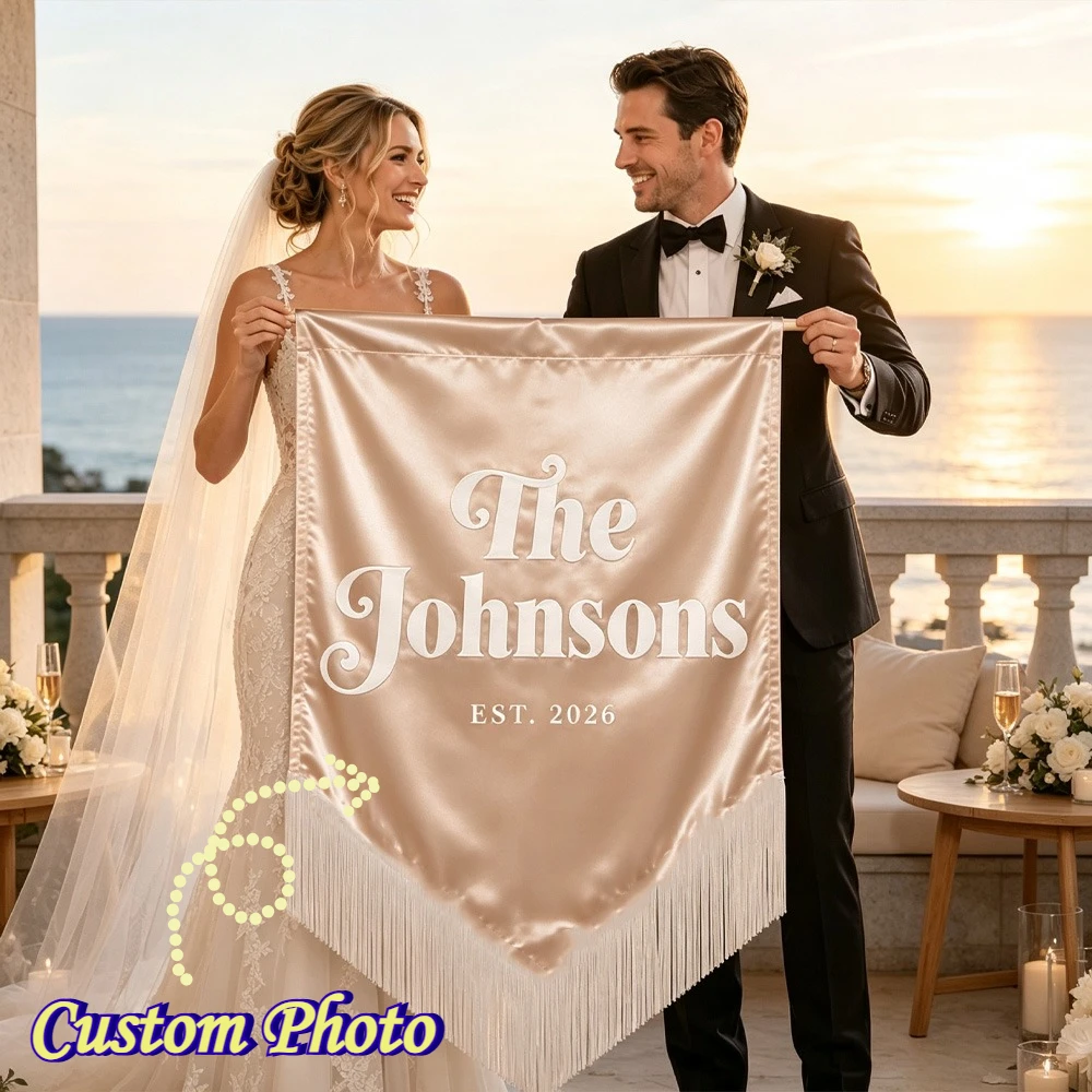 Custom Satin Wedding Banner with Fringe, Printing Couple Wedding Welcome Sign, Satin Birthday Backdrop, Elegant Wedding Decor