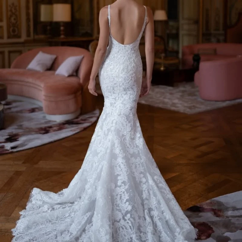 فساتين زفاف بيضاء لامعة خارج الكتف مشد صائق فساتين الزفاف ذيل السمكة الديكور متعدد الطبقات صنع تخصيص #3