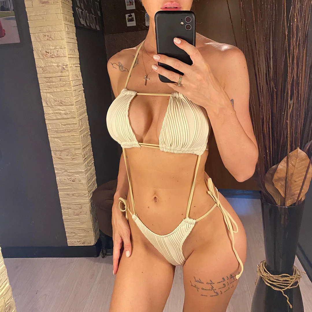 Sexy, geraffter, bauchfreier, ausgeschnittener Neckholder-Badeanzug, Damen-Badebekleidung, Monokini mit hohem Beinausschnitt, Badeanzug, Badebekleidung, Schwimmanzug V5607 – Detail 3