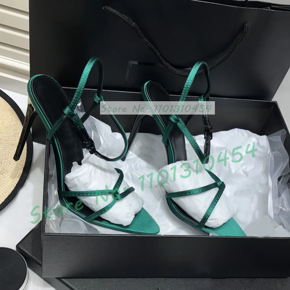 Green Luxury Cross Strap Satin Sandals Women Classy Open Pointy Toe Stiletto High Heels Sandals Ladies Ankle Strap Party Shoes