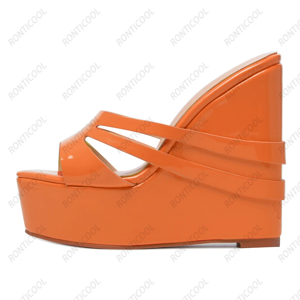 

Ronticool Women Mules Sandals Patent Wedges Heels Open Toe Gorgeous Yellow Orange Pink Party Shoes Women US Plus Size 5-20