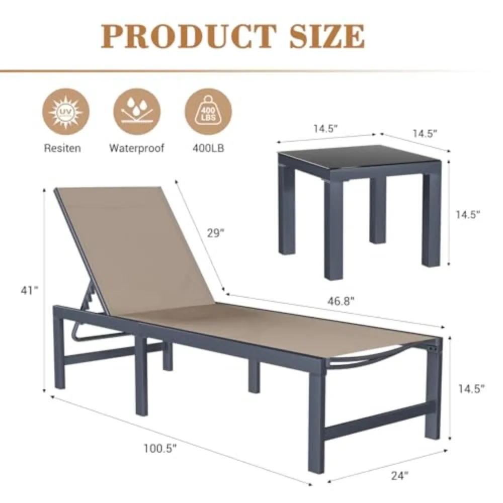 Outdoor Chaise Chairs & Table 3 Pieces Pool Lounge Chair | Poolside Sunloungers Lay Flat Sunbathing Chaise with
