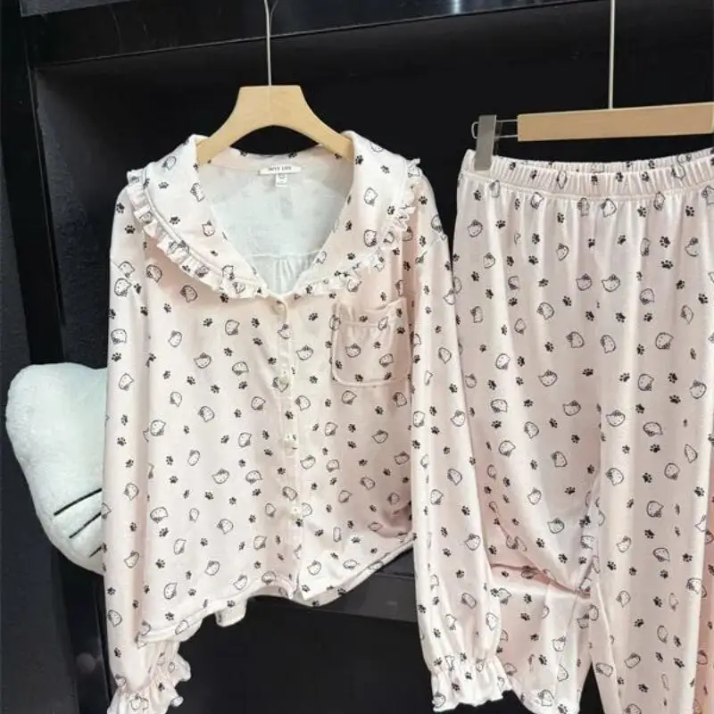 

Sanrio Hello Kitty женские пижамные комплекты Kawaii мультфильм осень и зима плотный стиль с длинными рукавами длинные брюки сохраняют тепло домашняя одежда