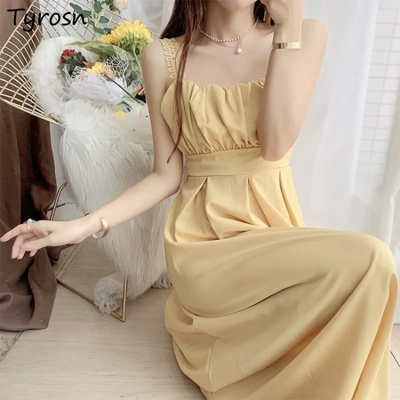 

Sleeveless Dress Women Solid Elegant High Street Gentle Fashion Midi Dresses Ulzzang Folds A-line Empire Vestidos Mujer Hot Sale