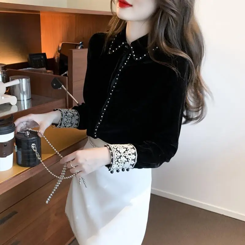 Women Vintage Elegant Chic Lace Patchwork Rhinestone Beaded Golden Velvet Shirts Autumn Winter Trendy Black Long Sleeve Blouses