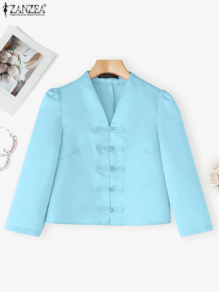 

ZANZEA 2025 Elegant Women Satin Shirts Autumn Puff Sleeve Blouse Fashion V-Neck Button Up Solid Tunic Tops Casual Party Blusas