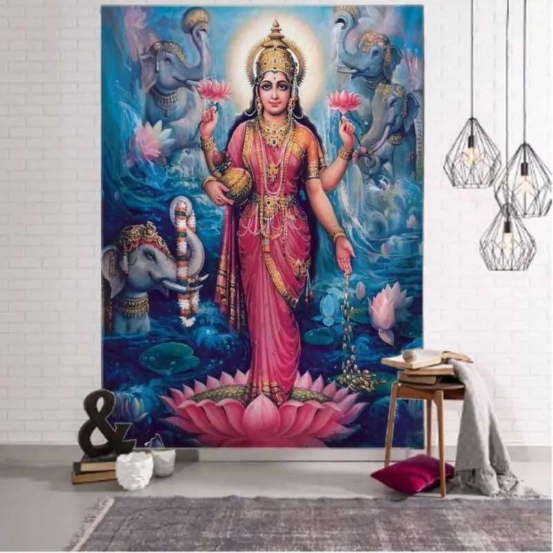 VIKAMA Hindu Wall Tapestry Lakshmi Goddess Lotus Elephant Backdrop Polyester Wall Hanging Bedroom Dorm Home Decor