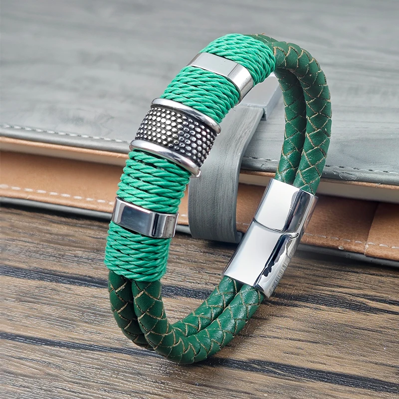 5 Farben zur Auswahl: Herren-Armband aus geflochtenem Leder und Edelstahl mit Perlenanhänger und Magnetverschluss – Lässiges Armband für den Alltag – Detail 5