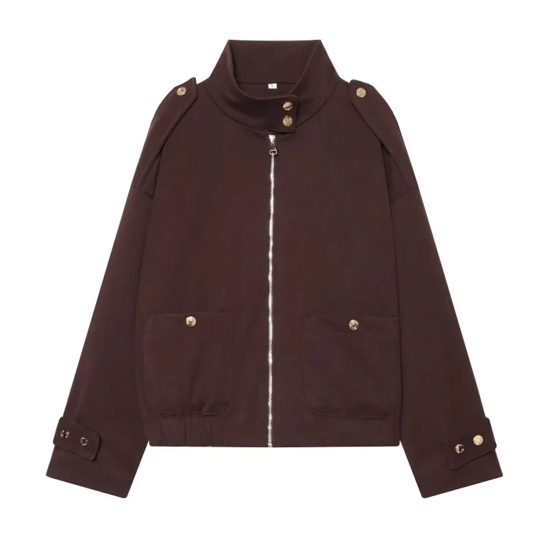 Guobioziy  Autumn Casual Short Jacket Stand Collar Zippered Pocket Classic Commuter Style Long Sleeves Coat