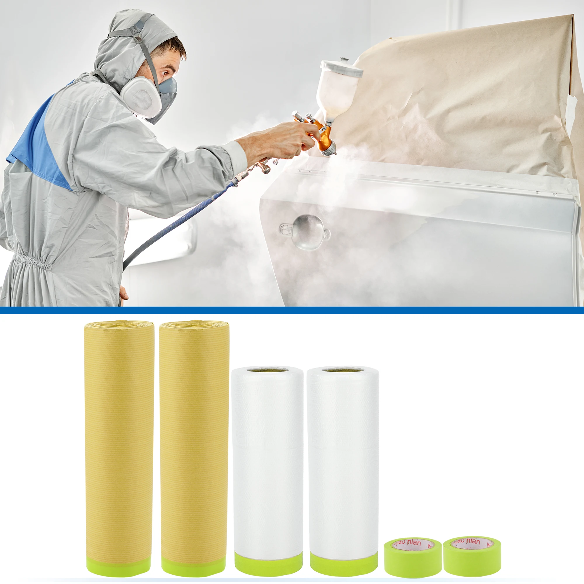 

UXCELL Masking Paper with Tape Pre-Taped Paper Film Kit with 2 Rolls of Tape 2000x140cm 1500x45cm PE Film Kraft Paper Paper