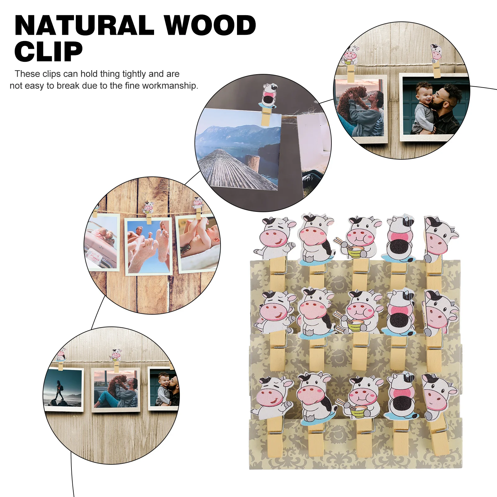 

5Packs Wooden Photo Clips Cow Shaped Natural Craft Clips for Hanging Pictures Memos Notes Decorative Message Holder DIY Wood