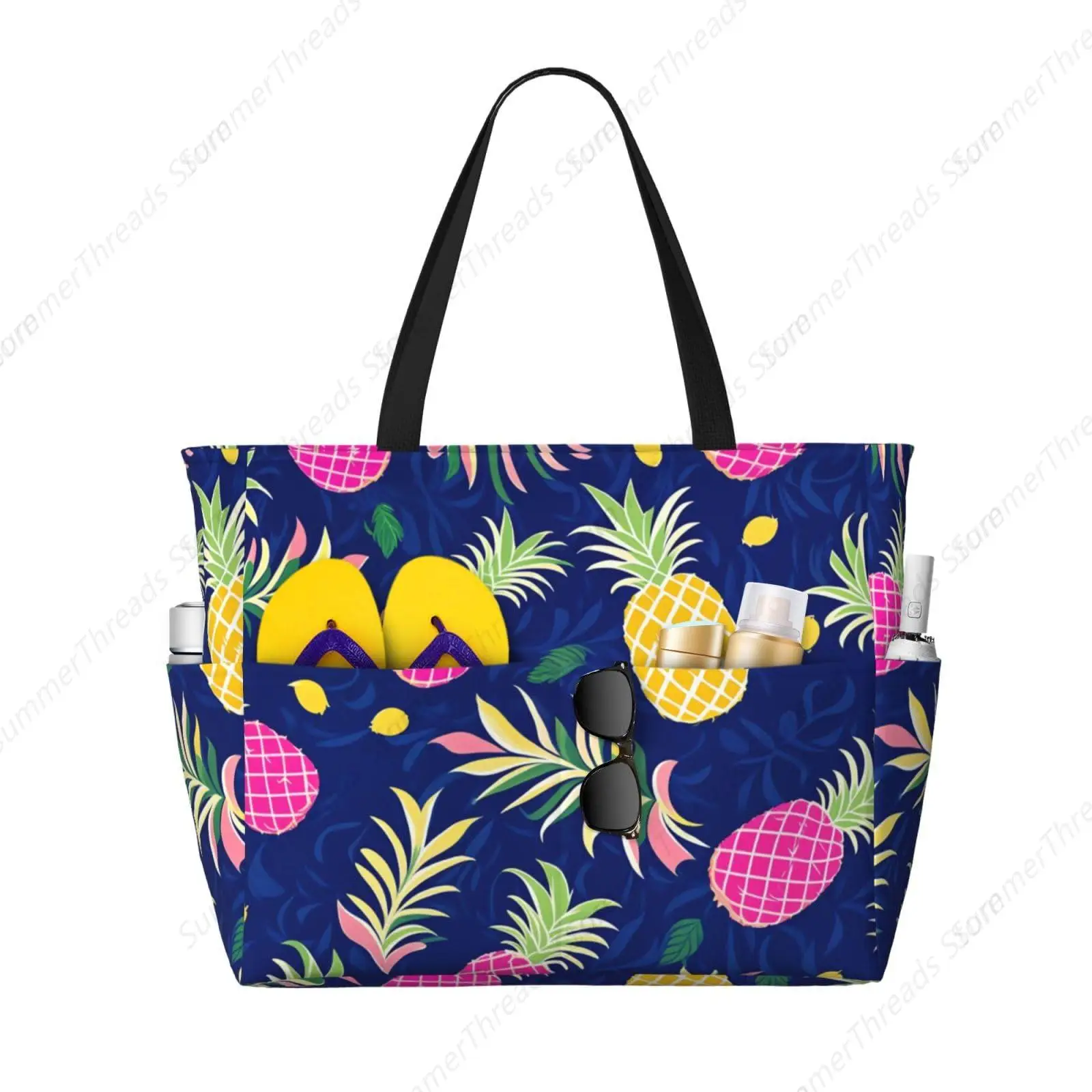 

Пляжная сумка, совместимая с тропическими неоновыми ананасами, очень большая водонепроницаемая пескозащитная сумка с несколькими карманами, верхняя сумка на молнии
