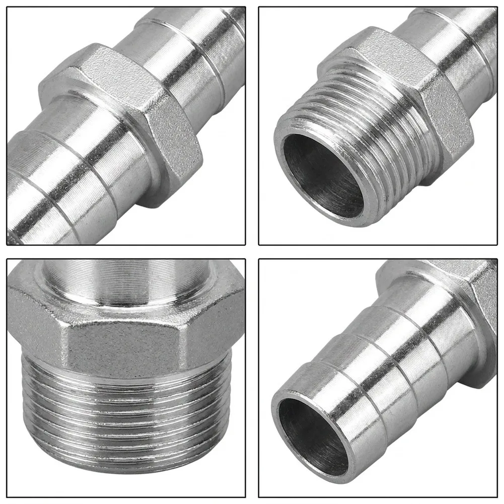 Stainless Steel 304 1-1/4 NPT Hose Connector with Barb End for Use in HVAC Water Air Gas and Industrial Systems