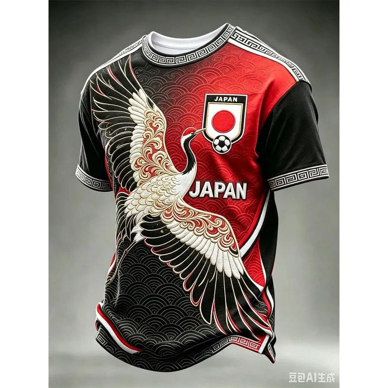 2026 Men's Crew Neck T-Shirt for Japan National Men's Football Team,  With 3D Print Giant Red-Crowned Crane Pattern