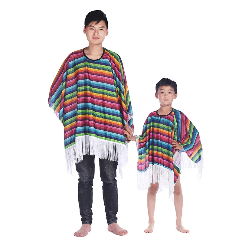 Mexican Cloak Halloween Costume Cosplay Kids Stripe Shawl Hat Party Supplies Adult Children Men Women Ethnic Folk Carnival Suit