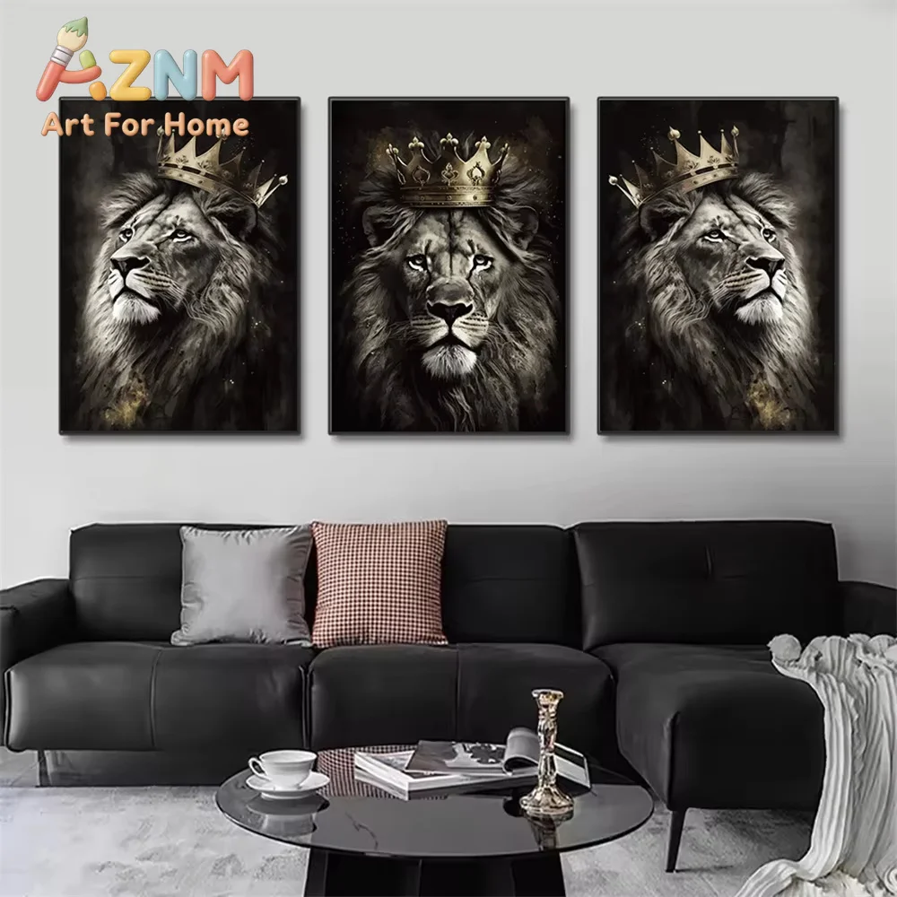 Animal King Lion With Crown Poster Canvas Painting Graffiti Art Prints Nordic Wall Art Pictures Modern Living Room Home Decor