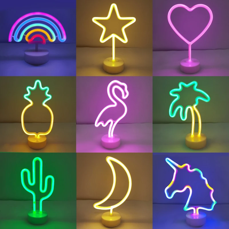 

LED Neon Night Light Sign Flamingo Unicorn Pineapple Rainbow Led Night Lights for Birthday Gift Wedding Home Bedroom Table Decor