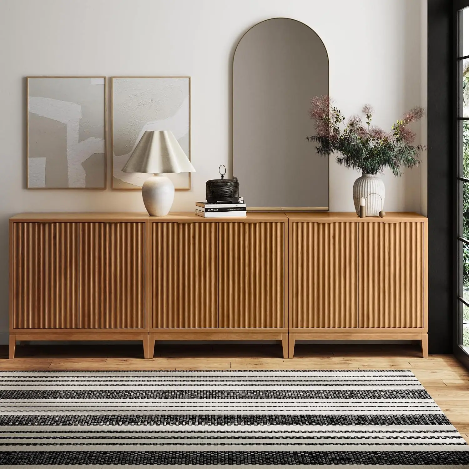 Jasper Wood Modern Sideboard Accent Storage Cabinet TV Stand with Fluted Doors, for Kitchen or Living Room, Warm Pine, Set of 3