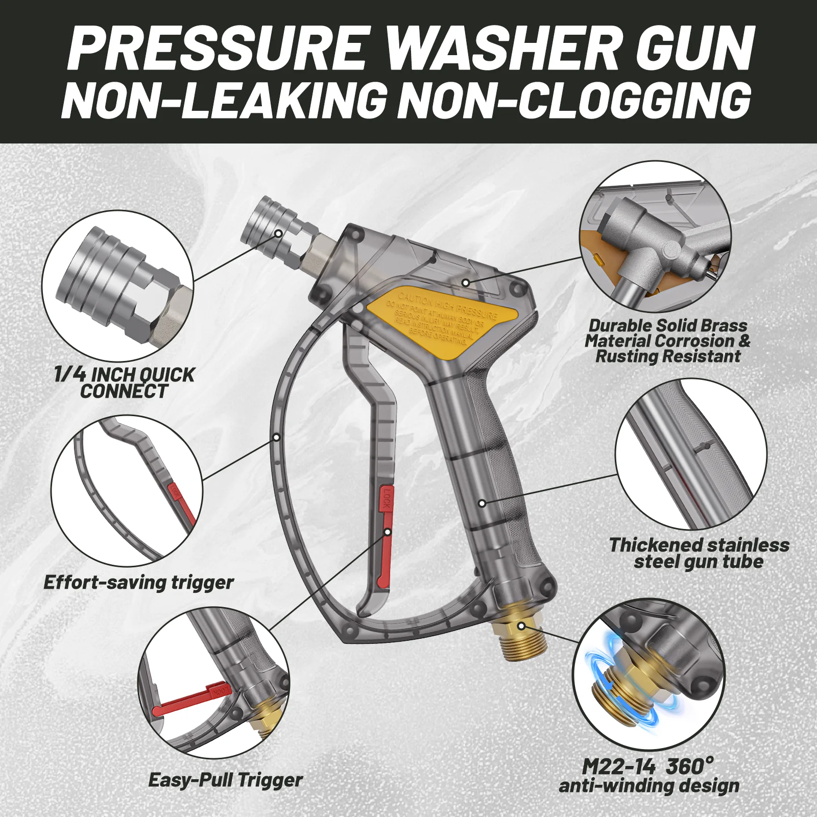 Simple transparent gray high-pressure cleaning machine car wash water gun yellow red color 360° anti-winding design with 5nozzle