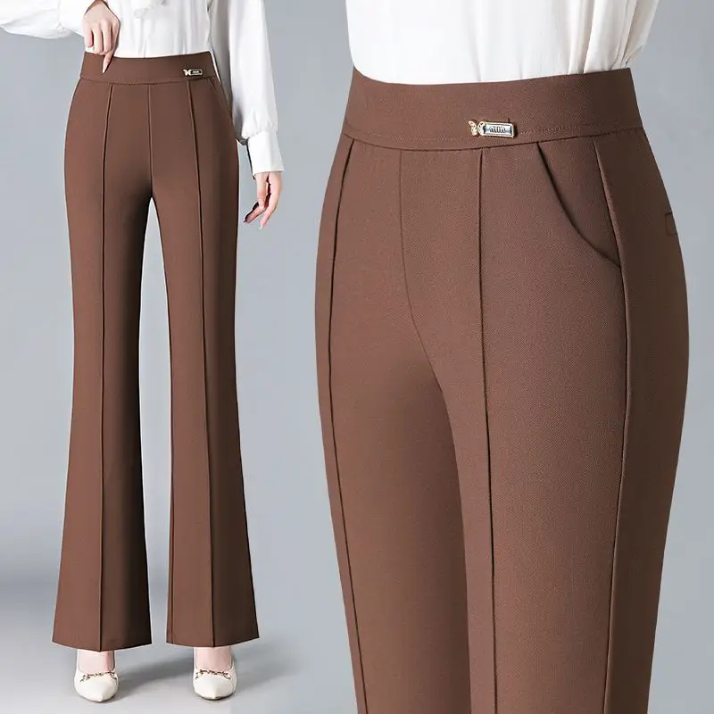 Simplicité hiver nouveau pantalon évasé femmes poches solides papillon bûche élastique taille haute décontractée Plus velours mince pantalon droit