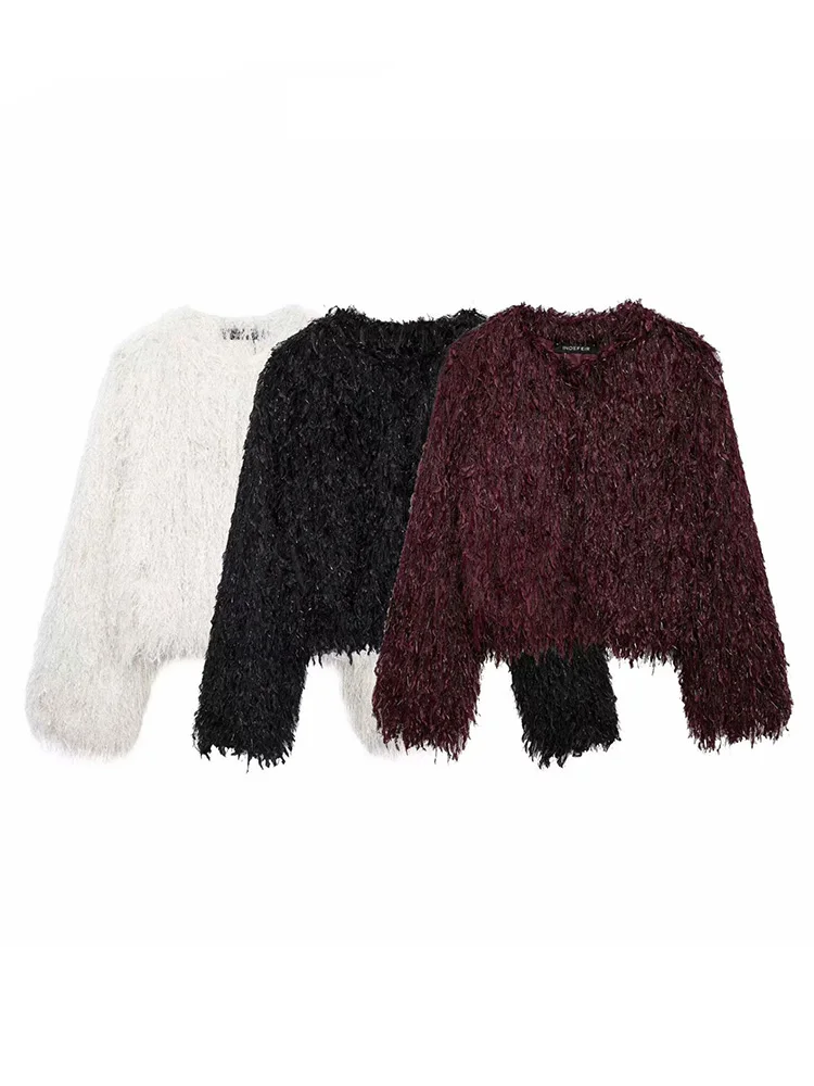 HH 2024 معطف نسائي عتيق من الفرو الصناعي منفوش فضفاض بأكمام طويلة ورقبة مستديرة قطيفة ملابس خارجية غير رسمية معطف قصير دافئ ضيق #2