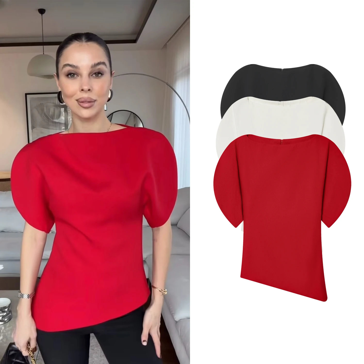 Women Chic Casual Short Puff Sleeve T-Shirts Summer New Female O-Neck Short Sleeve Sexy Tank Tops Lady Fashion Elegant Clothing