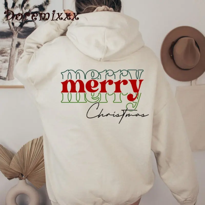 Mery Christmas Print Sweatshirts Pullover for Women Autumn Loose Casual Cotton Female Christmas Sweatshirt Hoodie