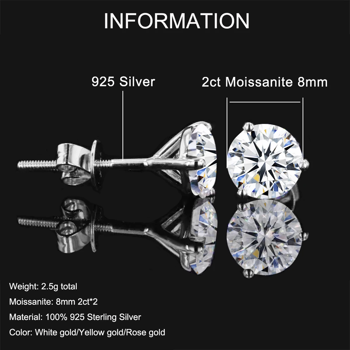 8mm D Color 2.0 Carat 100% Moissanite Stud Earrings for Women Screw Thread Ear Studs 925 Silver Jewelry Pass Diamond Test