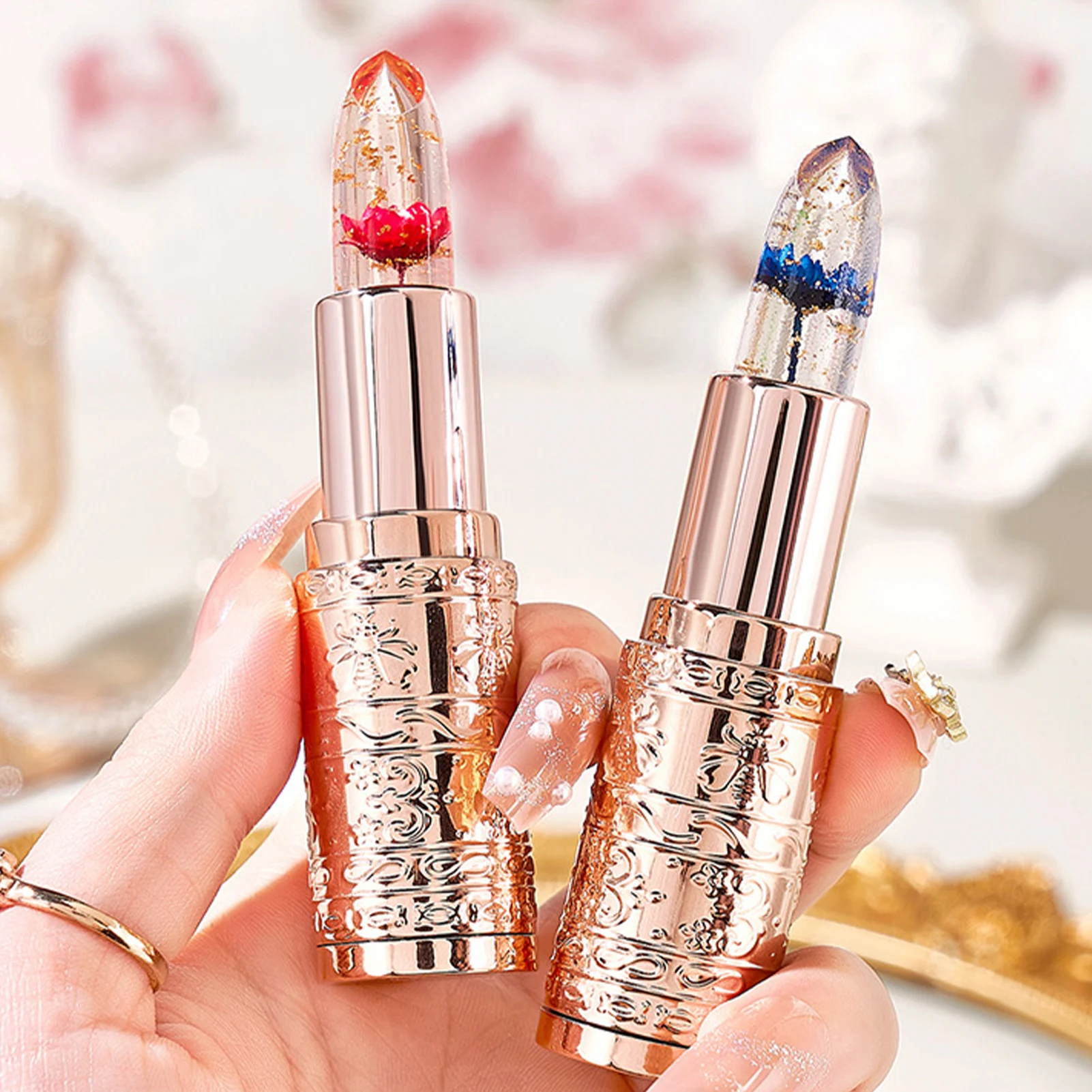 花の形をした透明なリップスティック,長持ちする保湿剤,クリスタルのゼリースティック,温度変化,リップケア,2色