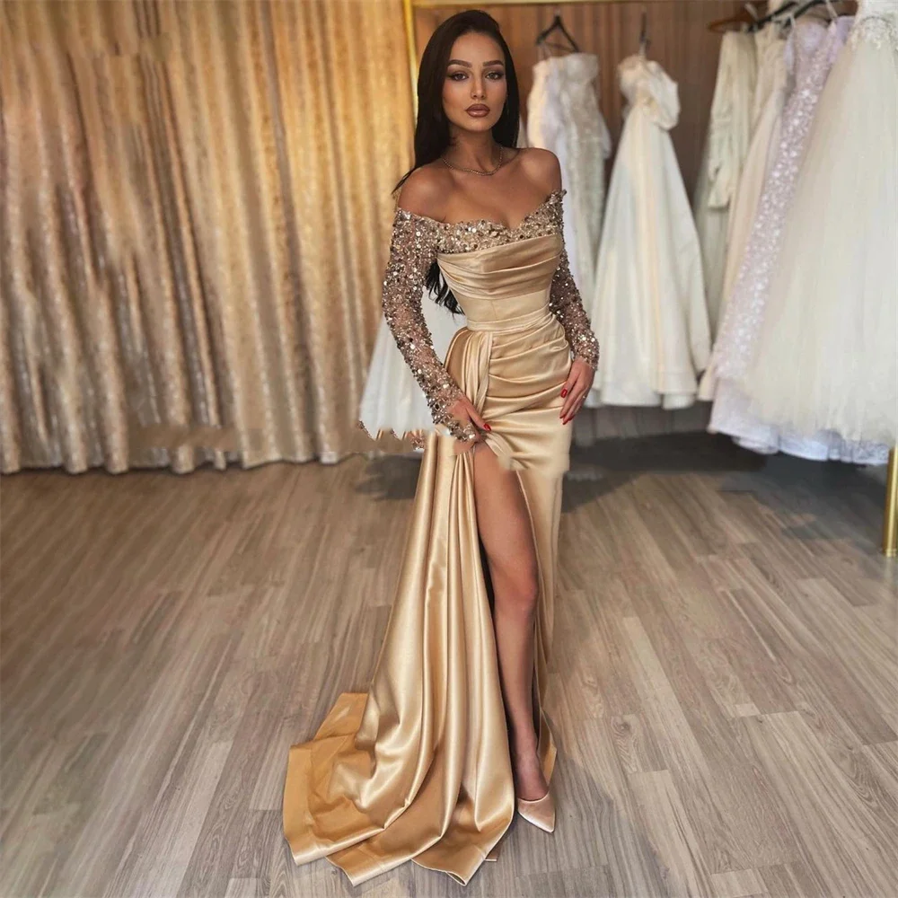 

Sexy Champagne African Arab Celebrity Party Dress Camisole Strapless Sequin Evening Gown Long Sleeve Satin Slit Crepe Prom Dress