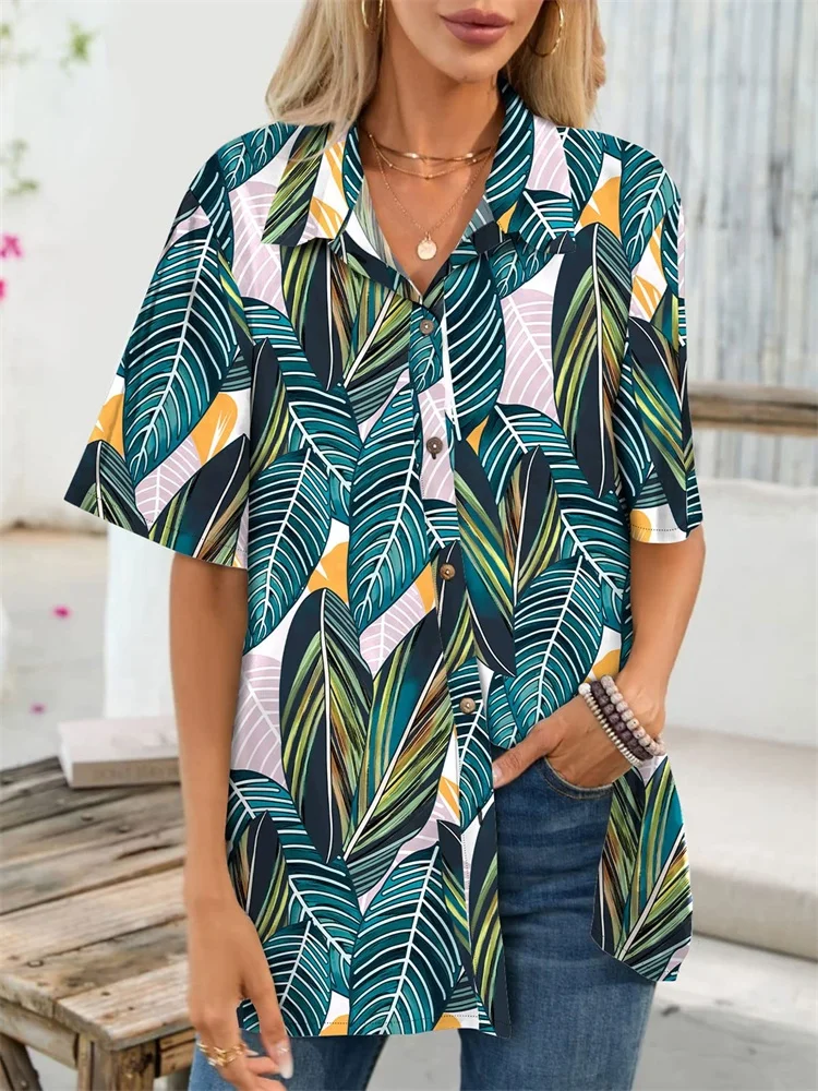 Женские рубашки с короткими рукавами 2025 года с леопардовым принтом из мультфильмов и цветочным принтом для модных и повседневных летних каникул