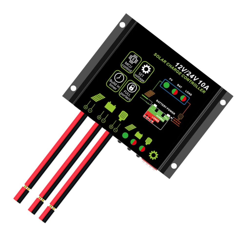 10A 12V 24V Solar Charge Controller with Overvoltage Overcurrent Short Circuit Protection for AGM Gel Flooded Batteries