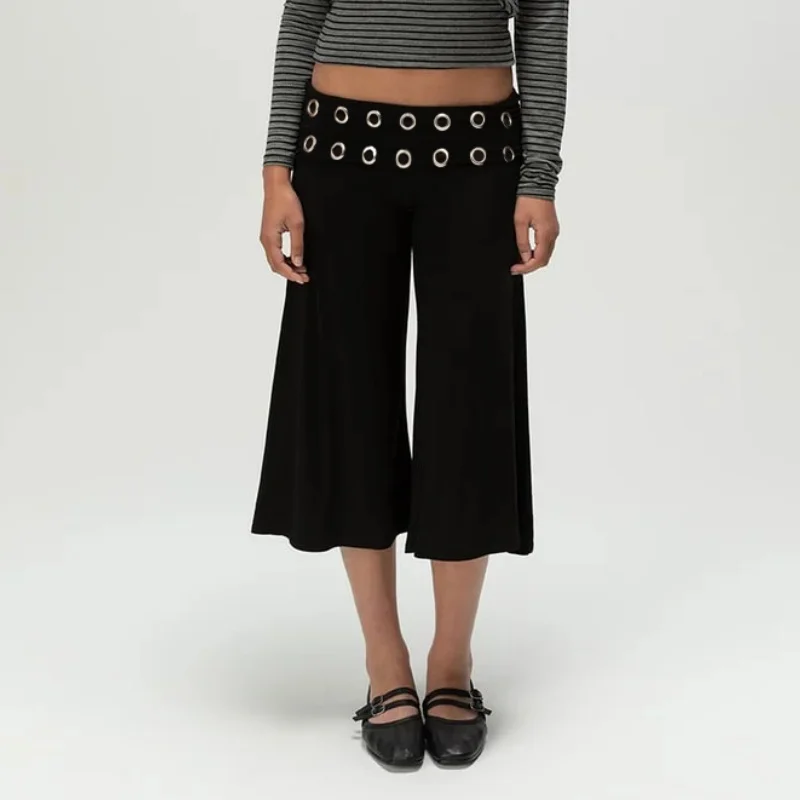 Women Fold Over Wide Leg Cropped Flowy Gaucho Pants Casual Yoga Coluttes Capris Dance Bottoms Streetwear