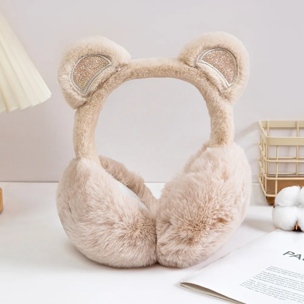 かわいいぬいぐるみスパンコールクマ耳イヤーマフ凍結防止厚みのあるイヤーウォーマー保温折りたたみ式イヤーカバー女性女の子用