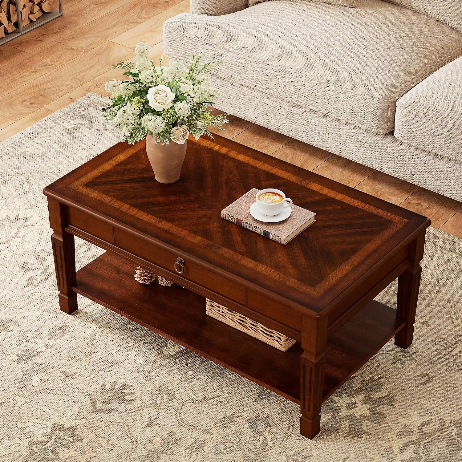 Wooden Coffee Table with Drawer 39.4in Living Room Furniture, Customized