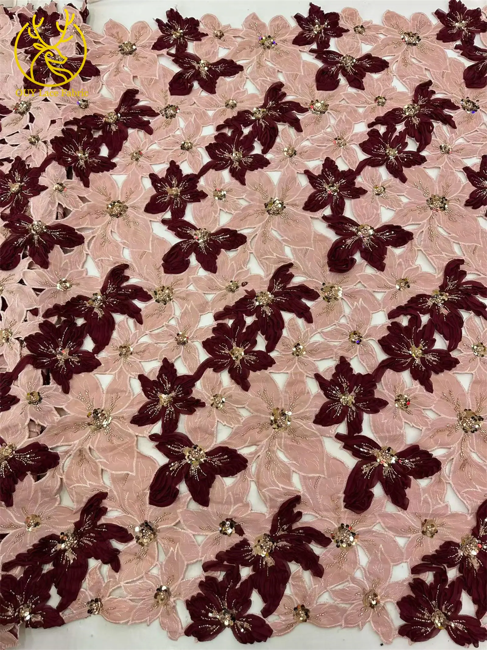 Afrikanischer französischer Stickerei-Spitzenstoff mit Perlen und Pailletten, nigerianischer Tüll-Stickerei-Blumenstoff für Abendkleider, Nähen und Dekoration – Detail 5