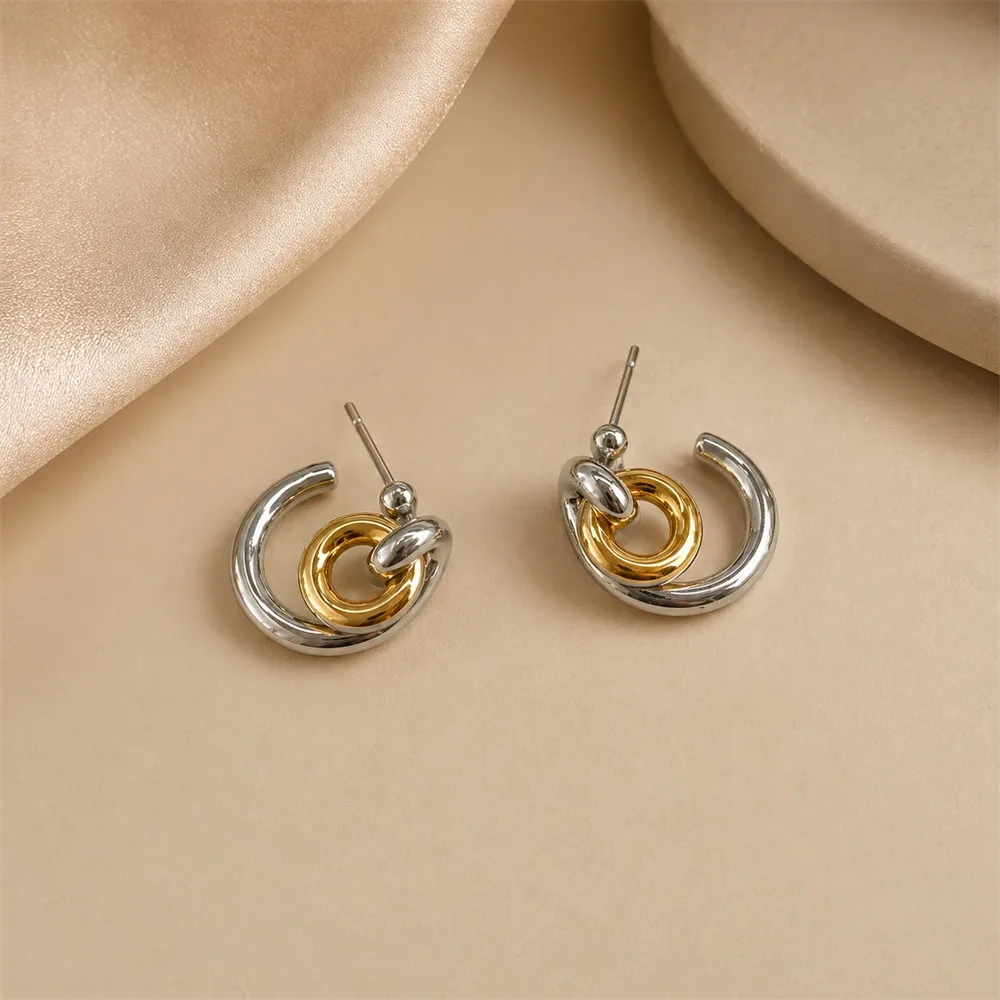 Gold&silver Mixed Color Twist Knot Hoop Earrings for Women Stainless Steel Geometric Tangled Loop Studs New Retro Jewelry Aretes