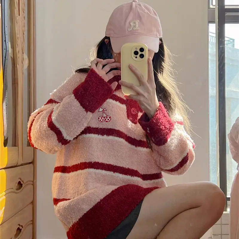 Striped pullover cherry long-sleeved polo sweater girl spring autumn winter fresh western sweet age-reducing sweater female