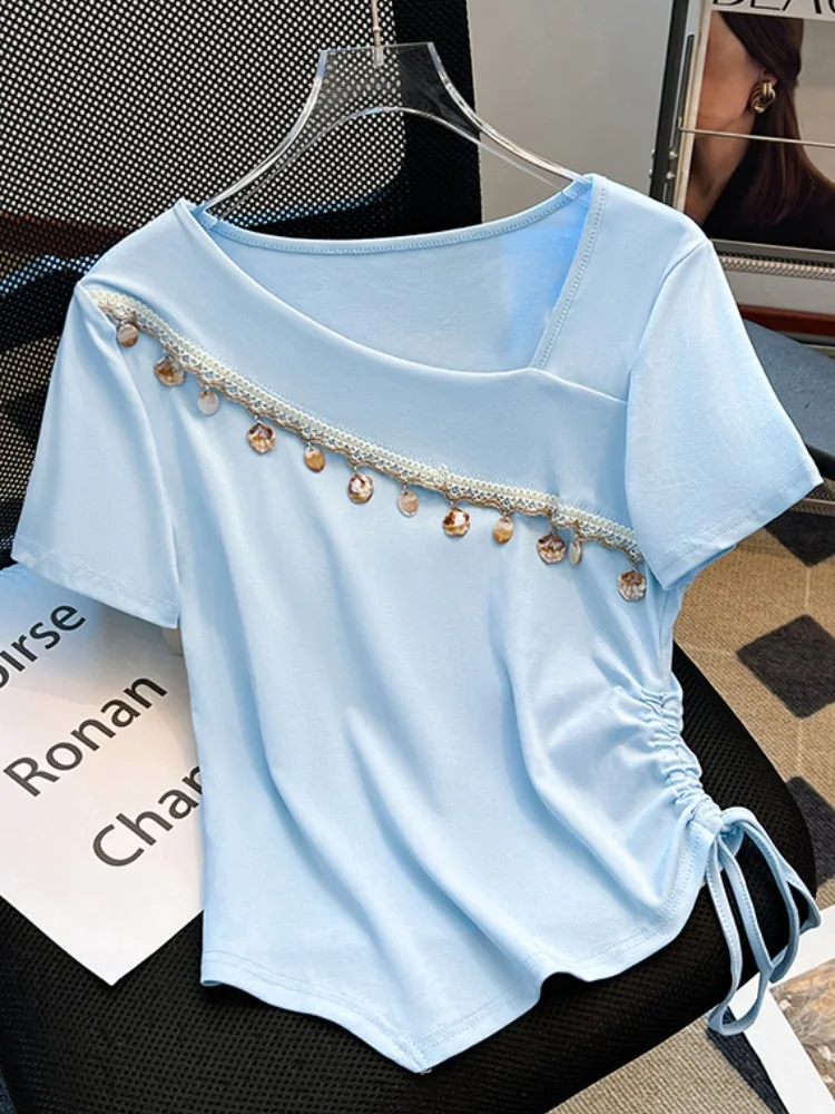 

Футболка Slim Fit ort Sve женская летняя Self-Kept Sle асимметричная Dstring ell с кружевной отделкой для поездок на работу Sle корейская версия