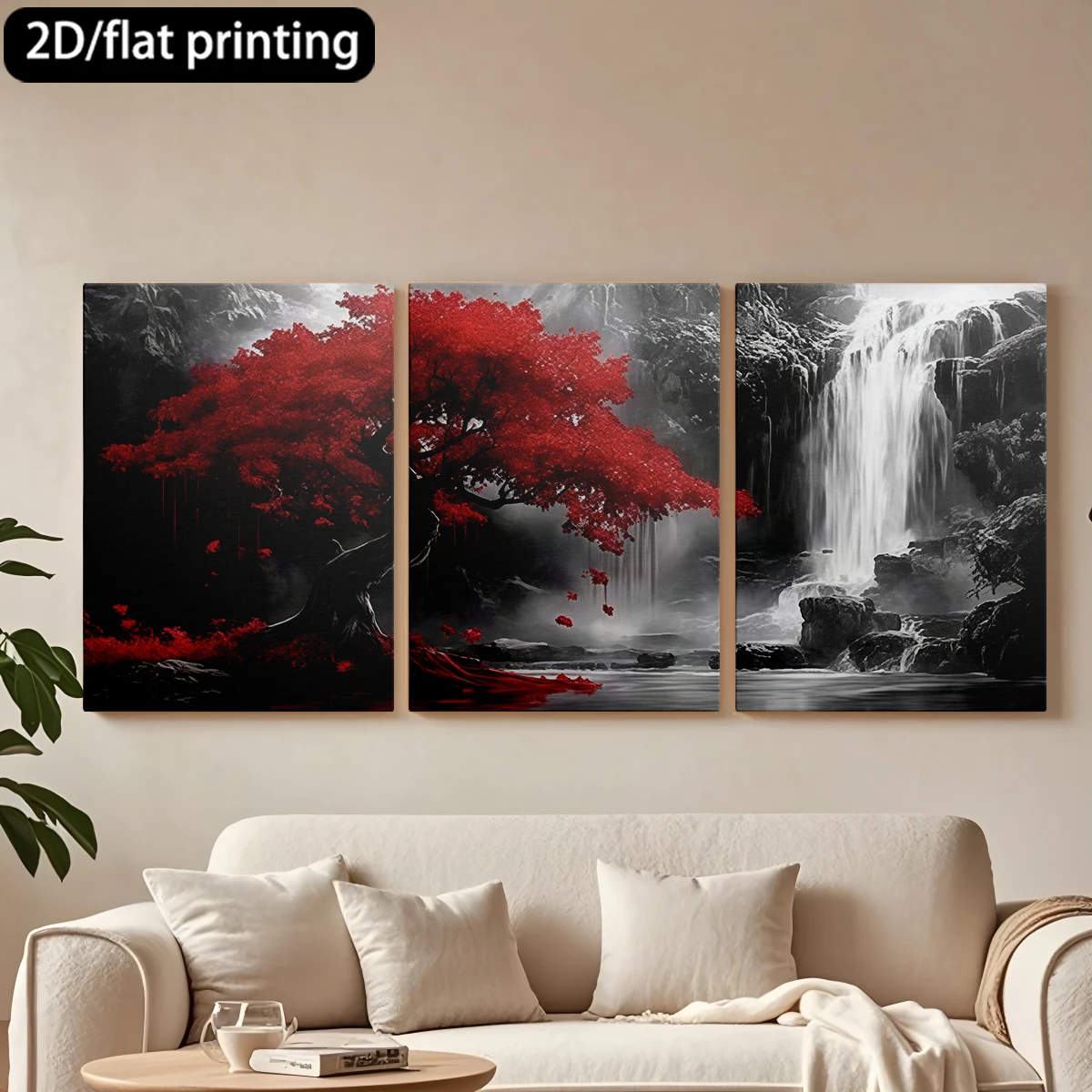 

Набор из 3 картин на холсте в деревянной раме: Декоративная живопись с изображением краснолистной деревьев, водопада и спокойной сцены. Для украшения коридора, гостиной.