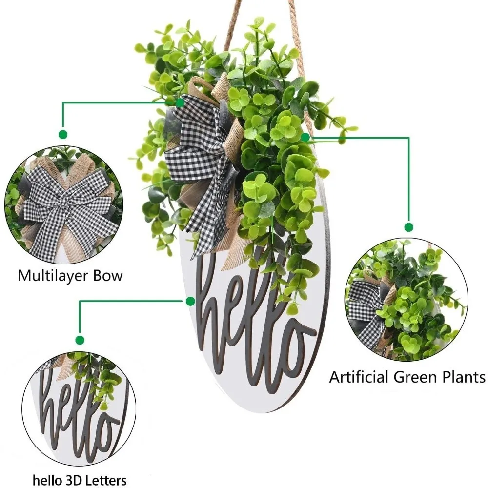 Gifts 30cm 11.81in Wooden Welcome Sign Artificial Plant Bowknot Door Wreath Round Shape Welcome/Hello Wall Art Porch Decor